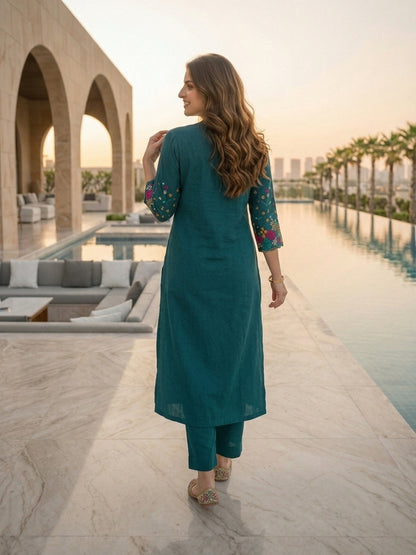Solid Floral Embroidered A-Line Kurta with Palazzo - Teal Blue