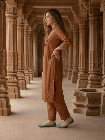 Solid Floral Embroidered A-Line Kurta with Palazzo - Rust