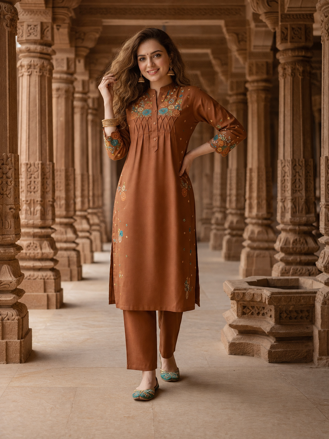 Solid Floral Embroidered A-Line Kurta with Palazzo - Rust