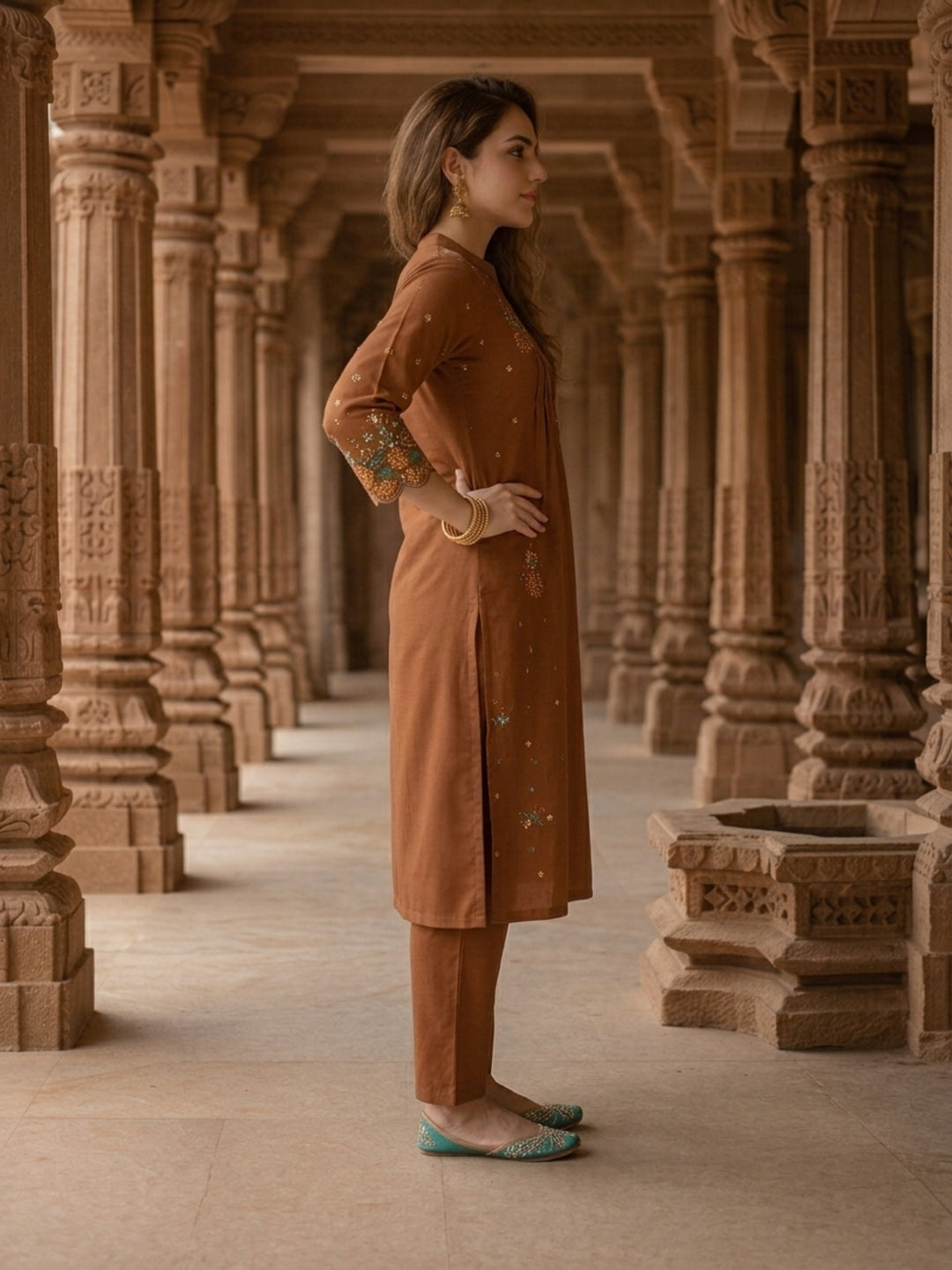Solid Floral Embroidered A-Line Kurta with Palazzo - Rust