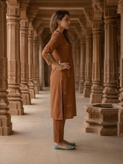 Solid Floral Embroidered A-Line Kurta with Palazzo - Rust