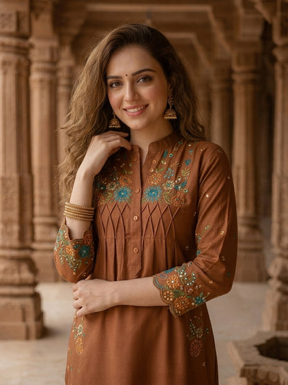 Solid Floral Embroidered A-Line Kurta with Palazzo - Rust