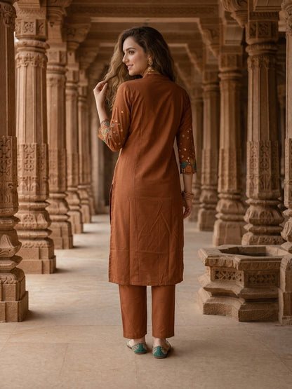 Solid Floral Embroidered A-Line Kurta with Palazzo - Rust