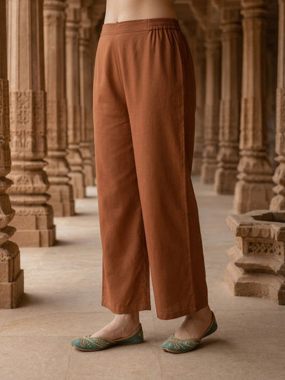 Solid Floral Embroidered A-Line Kurta with Palazzo - Rust