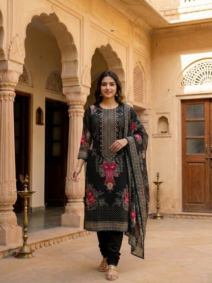 Floral Printed Embroidered Straight Kurta with Pant and Dupatta - Black
