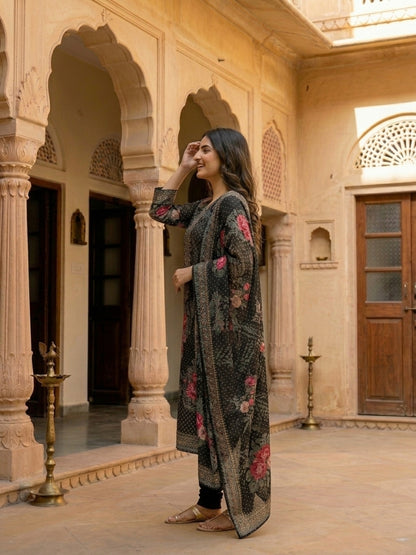 Floral Printed Embroidered Straight Kurta with Pant and Dupatta - Black