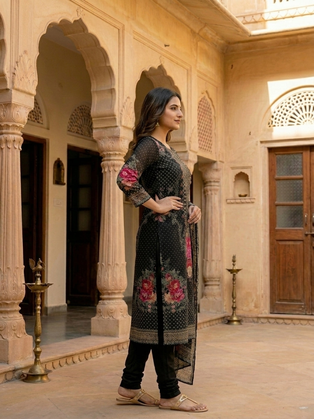 Floral Printed Embroidered Straight Kurta with Pant and Dupatta - Black