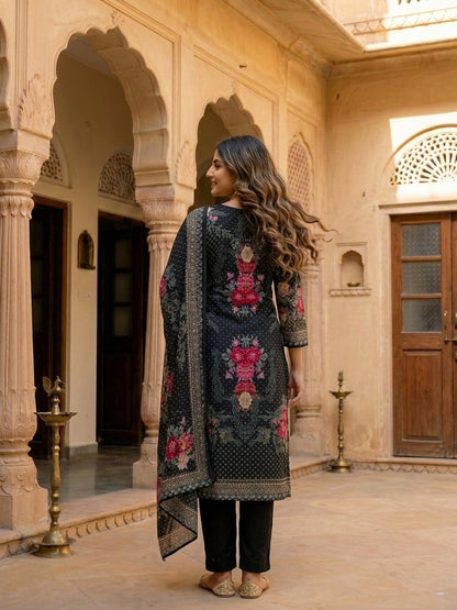 Floral Printed Embroidered Straight Kurta with Pant and Dupatta - Black