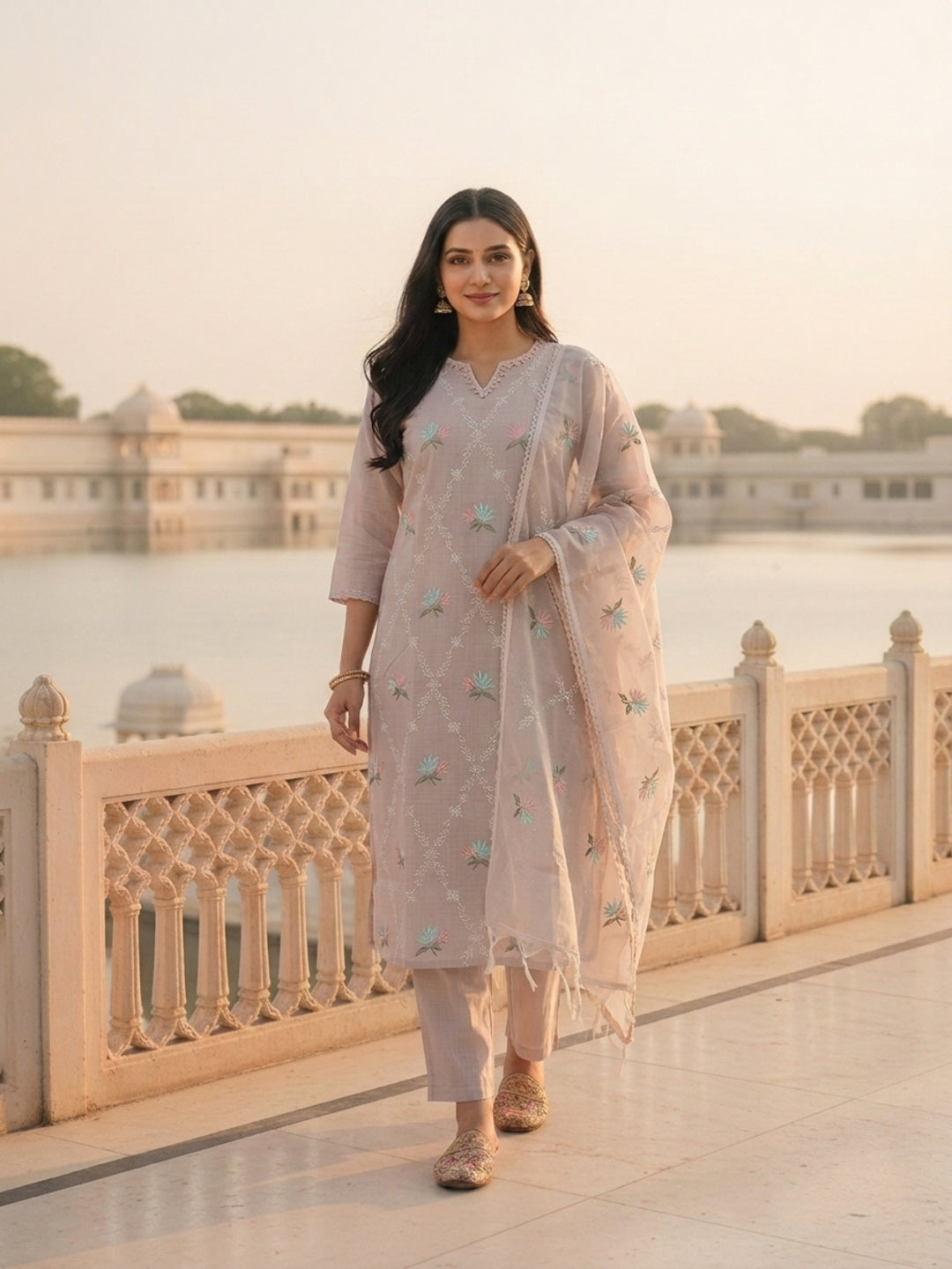 Solid Floral Embroidered Straight Kurta with Pant and Dupatta - Lavender