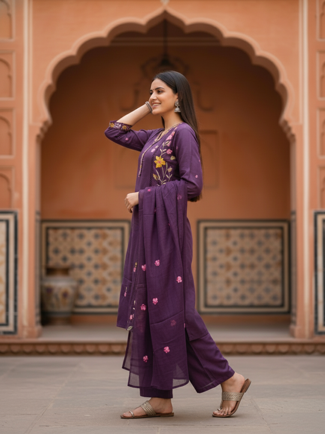 Solid Floral Embroidered Straight Kurta with Pant & Dupatta - Purple