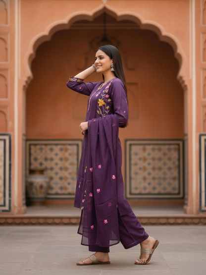 Solid Floral Embroidered Straight Kurta with Pant & Dupatta - Purple