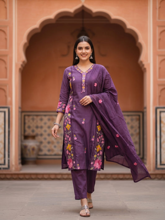Purple Cotton Floral Embroidered Straight Kurta Set with Pant & Dupatta