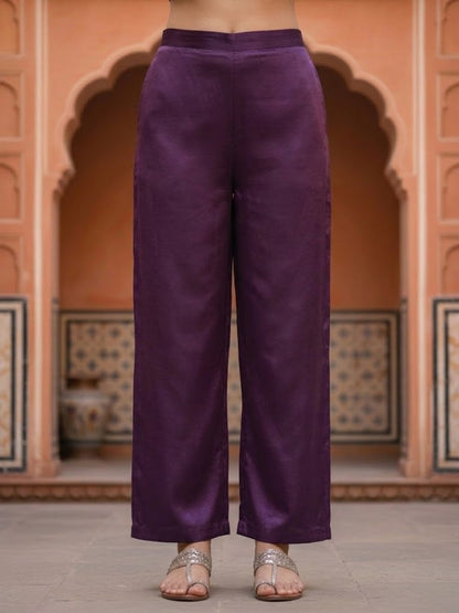 Solid Floral Embroidered Straight Kurta with Pant & Dupatta - Purple