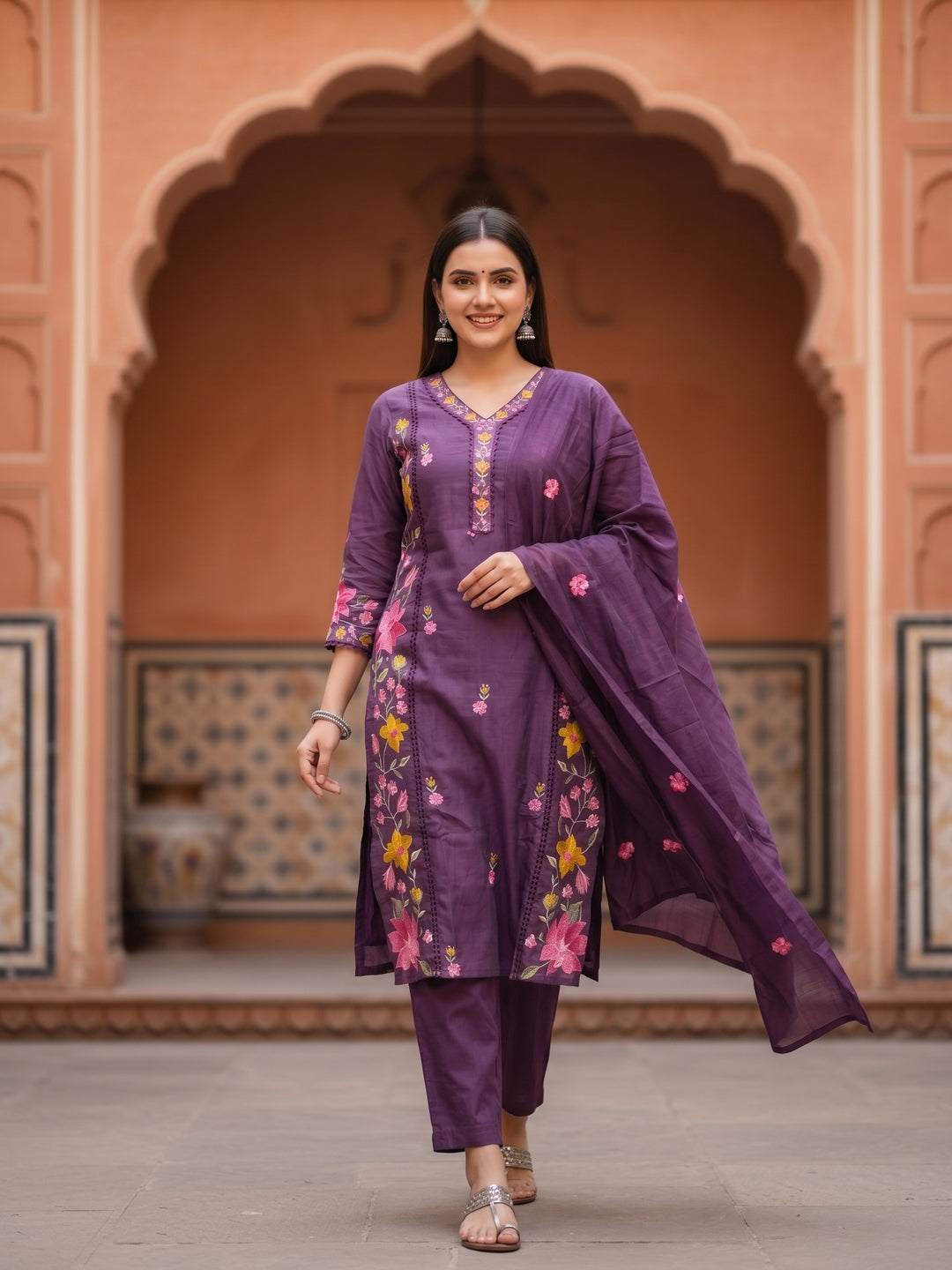 Solid Floral Embroidered Straight Kurta with Pant & Dupatta - Purple