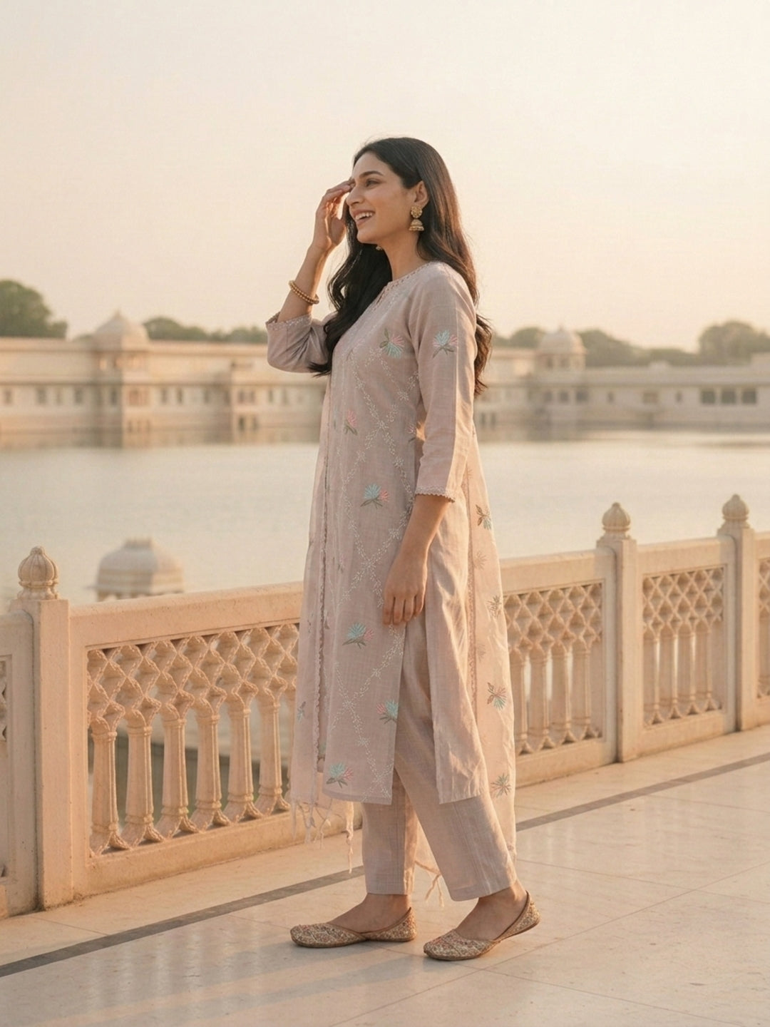 Solid Floral Embroidered Straight Kurta with Pant and Dupatta - Lavender