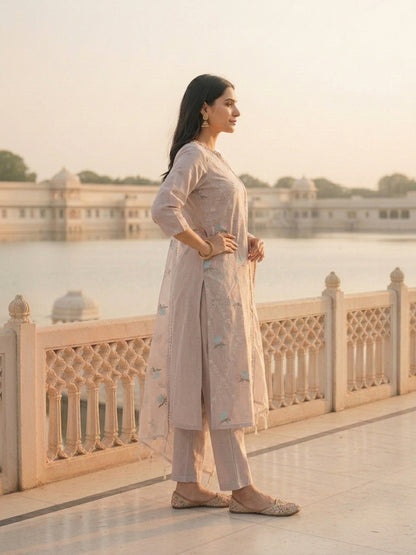 Solid Floral Embroidered Straight Kurta with Pant and Dupatta - Lavender