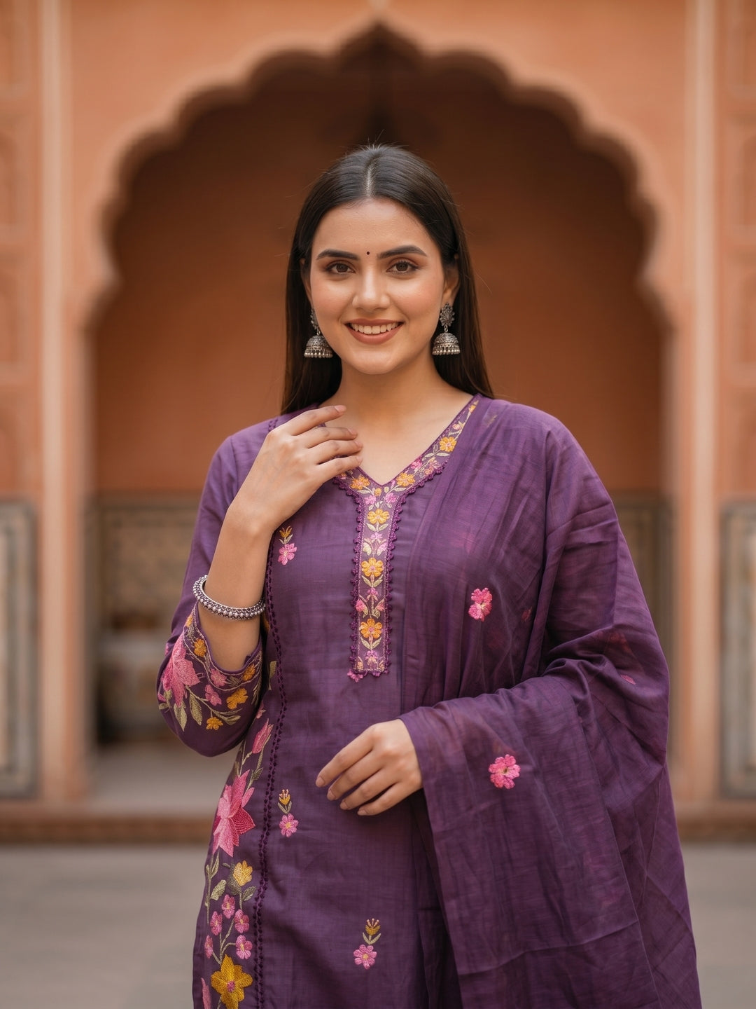 Solid Floral Embroidered Straight Kurta with Pant & Dupatta - Purple