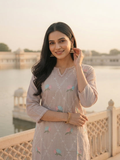 Solid Floral Embroidered Straight Kurta with Pant and Dupatta - Lavender