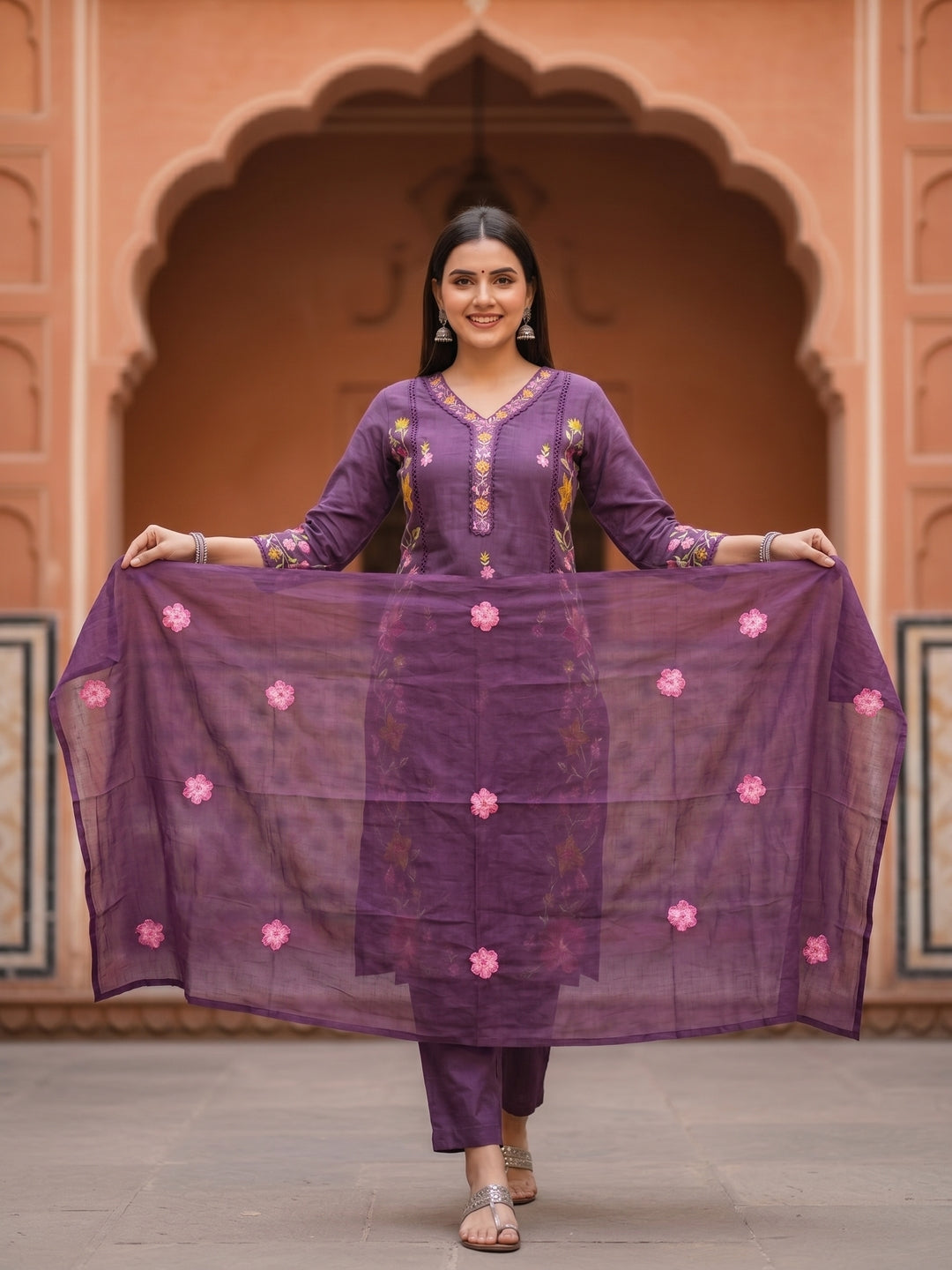 Solid Floral Embroidered Straight Kurta with Pant & Dupatta - Purple