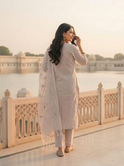 Solid Floral Embroidered Straight Kurta with Pant and Dupatta - Lavender