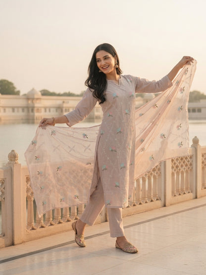 Solid Floral Embroidered Straight Kurta with Pant and Dupatta - Lavender
