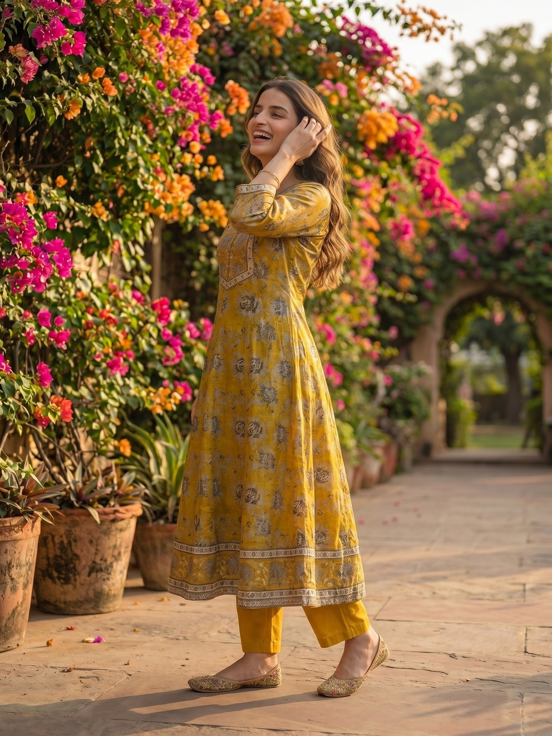 Floral Foil Printed Anarkali with Palazzo & Dupatta - Mustard