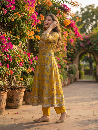 Floral Foil Printed Anarkali with Palazzo & Dupatta - Mustard