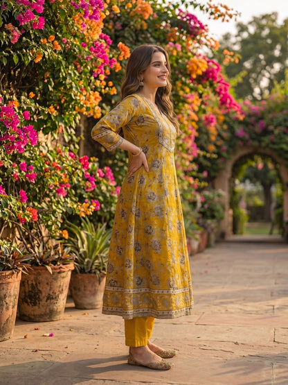 Floral Foil Printed Anarkali with Palazzo & Dupatta - Mustard