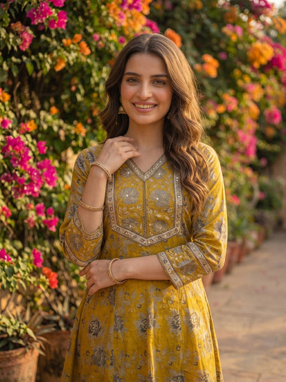 Floral Foil Printed Anarkali with Palazzo & Dupatta - Mustard