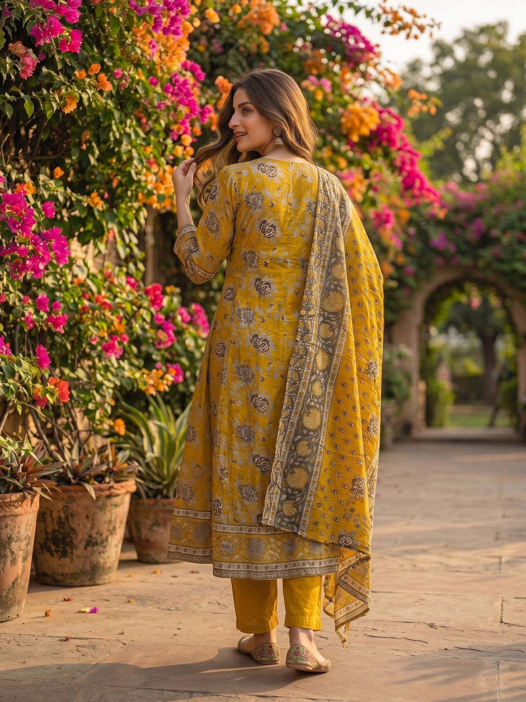 Floral Foil Printed Anarkali with Palazzo & Dupatta - Mustard
