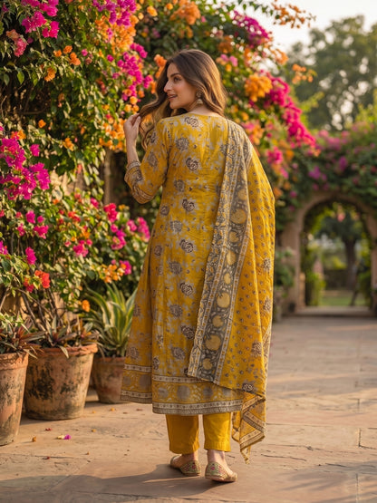 Floral Foil Printed Anarkali with Palazzo & Dupatta - Mustard