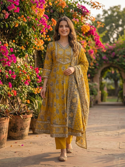 Floral Foil Printed Anarkali with Palazzo & Dupatta - Mustard