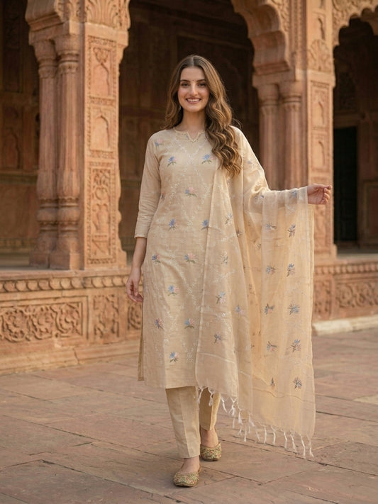 Solid Floral Embroidered Straight Kurta with Pant and Dupatta - Beige