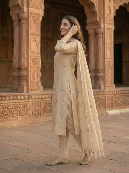 Solid Floral Embroidered Straight Kurta with Pant and Dupatta - Beige