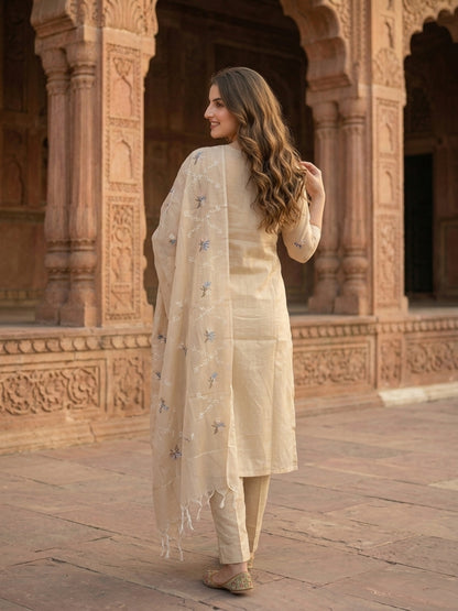 Solid Floral Embroidered Straight Kurta with Pant and Dupatta - Beige