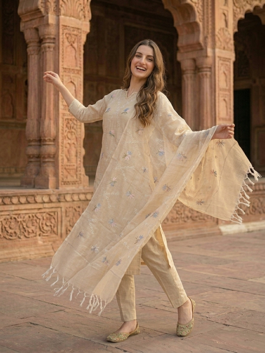 Solid Floral Embroidered Straight Kurta with Pant and Dupatta - Beige