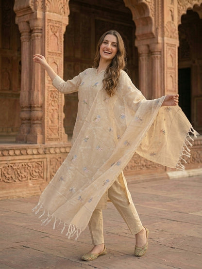 Solid Floral Embroidered Straight Kurta with Pant and Dupatta - Beige