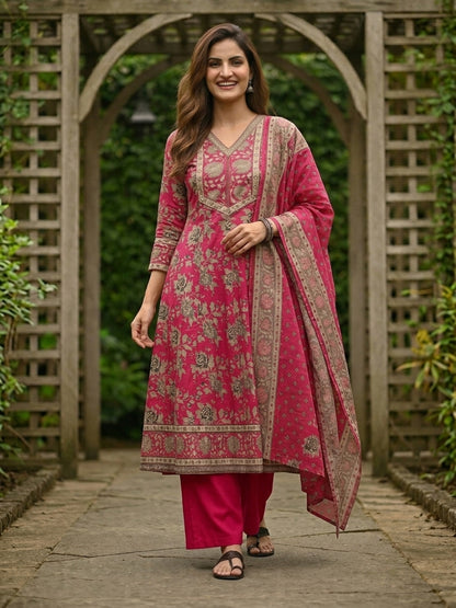 Floral Foil Printed Anarkali with Palazzo & Dupatta - Pink