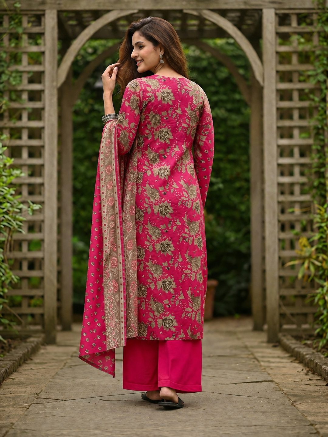 Floral Foil Printed Anarkali with Palazzo & Dupatta - Pink