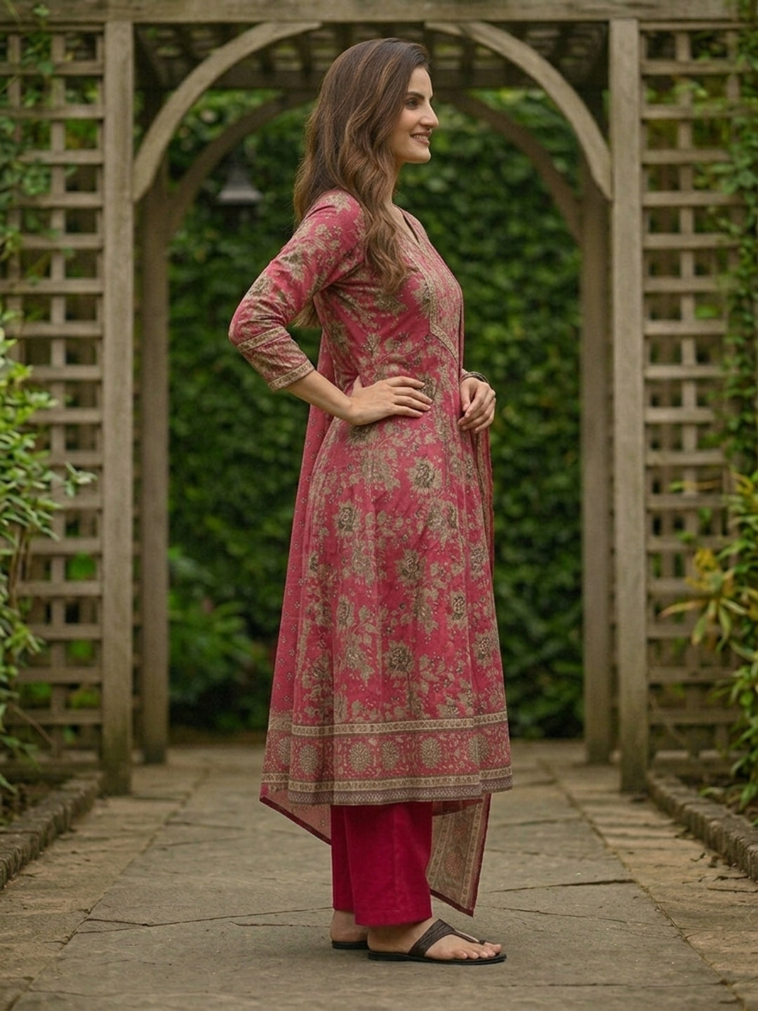 Floral Foil Printed Anarkali with Palazzo & Dupatta - Pink