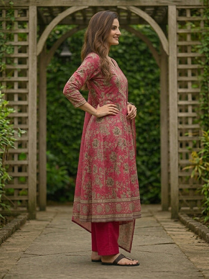 Floral Foil Printed Anarkali with Palazzo & Dupatta - Pink