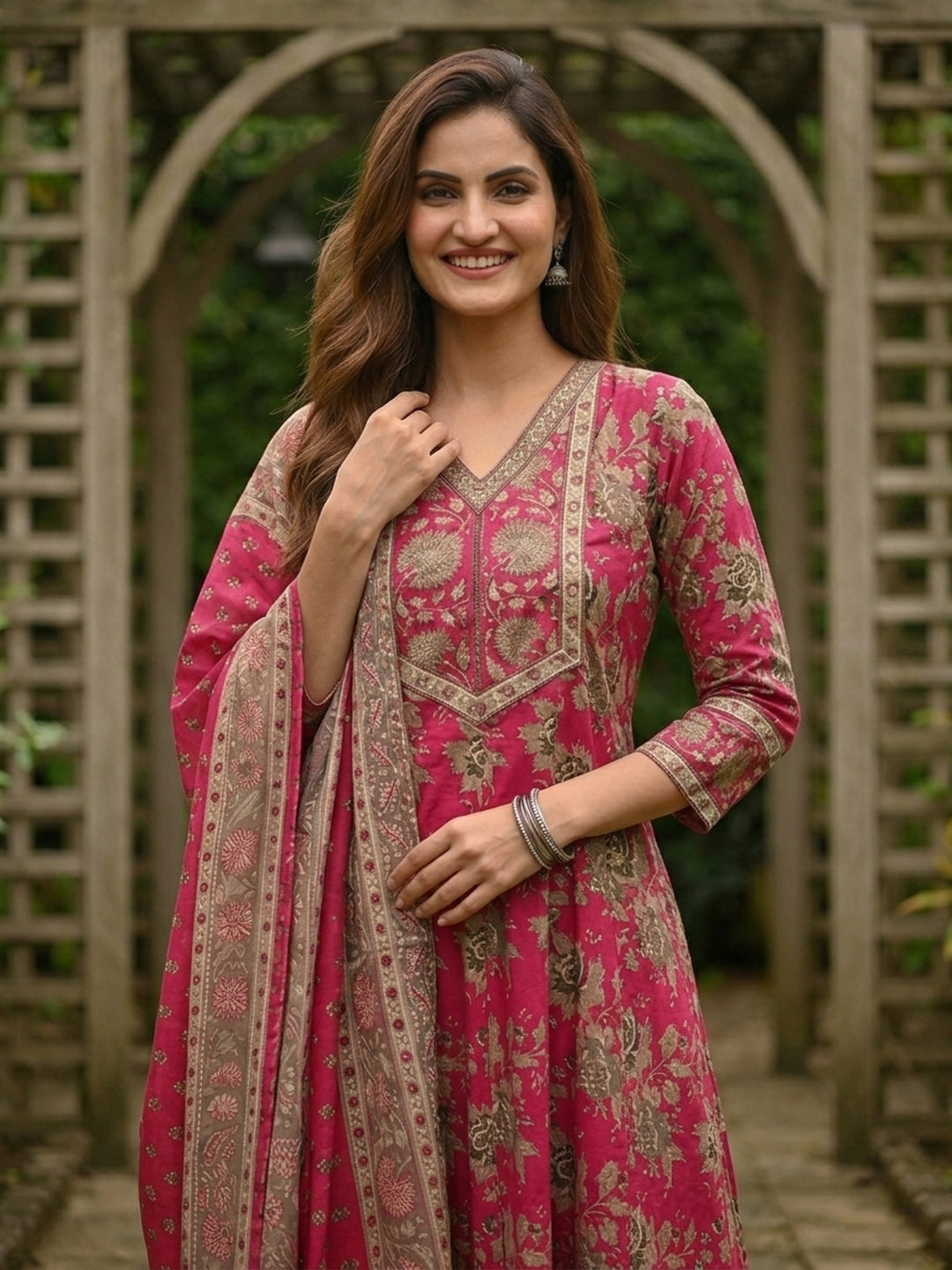 Floral Foil Printed Anarkali with Palazzo & Dupatta - Pink