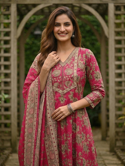 Floral Foil Printed Anarkali with Palazzo & Dupatta - Pink