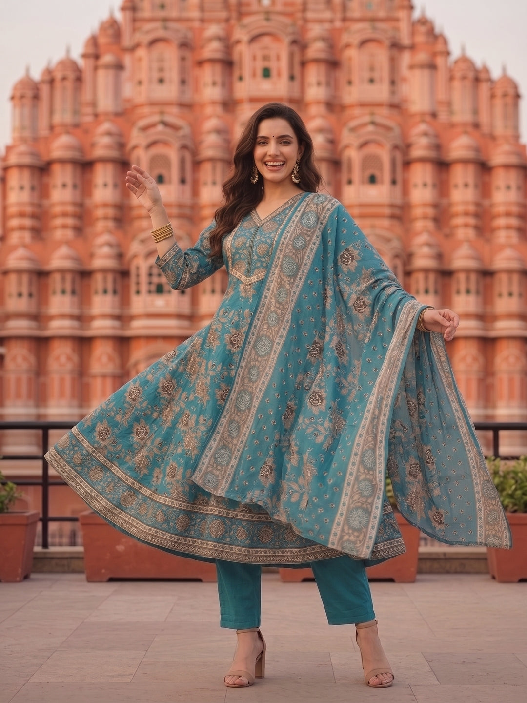 Floral Foil Printed Anarkali with Palazzo & Dupatta - Teal Blue