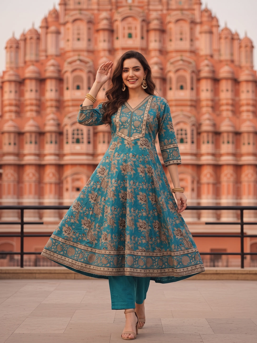 Floral Foil Printed Anarkali with Palazzo & Dupatta - Teal Blue