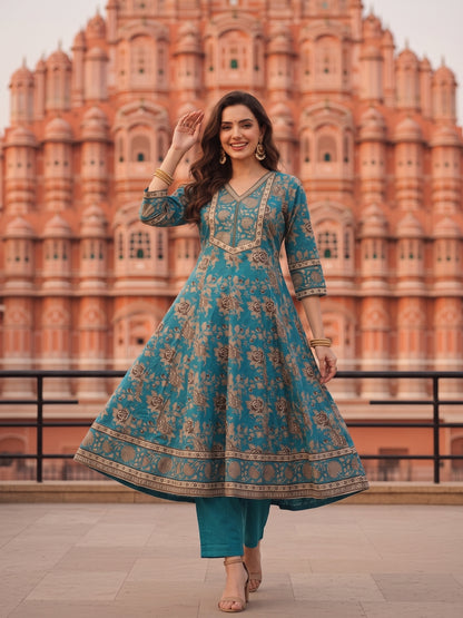 Floral Foil Printed Anarkali with Palazzo & Dupatta - Teal Blue