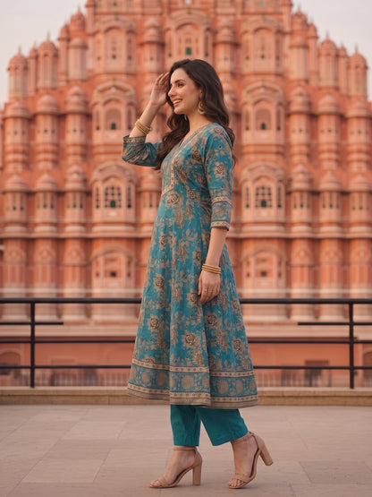 Floral Foil Printed Anarkali with Palazzo & Dupatta - Teal Blue