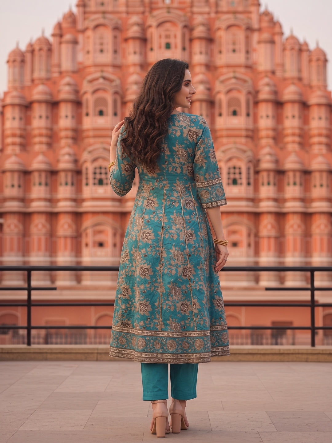 Floral Foil Printed Anarkali with Palazzo & Dupatta - Teal Blue