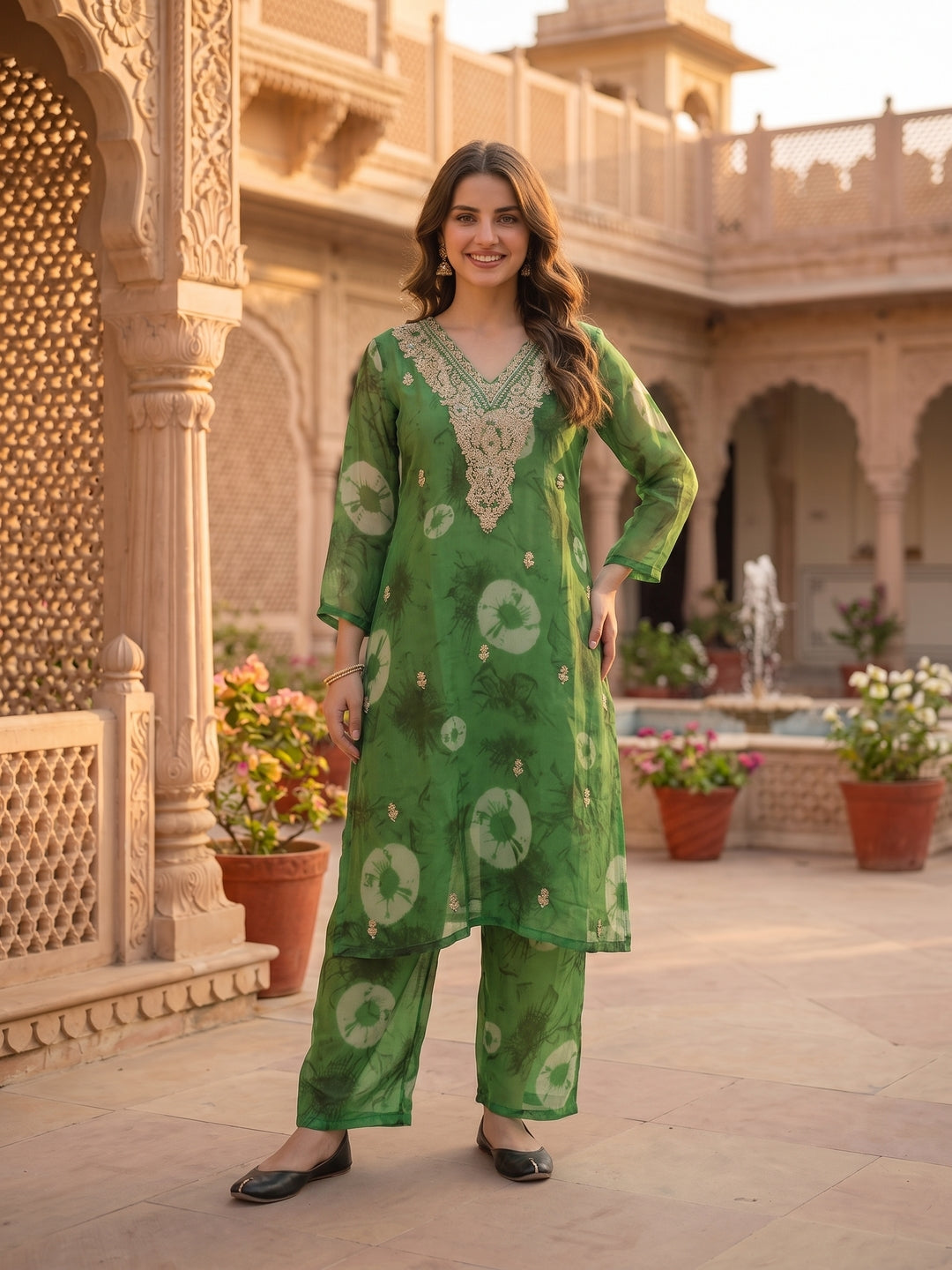 Abstract Printed Embroidered A-Line Co-ord Set - Green