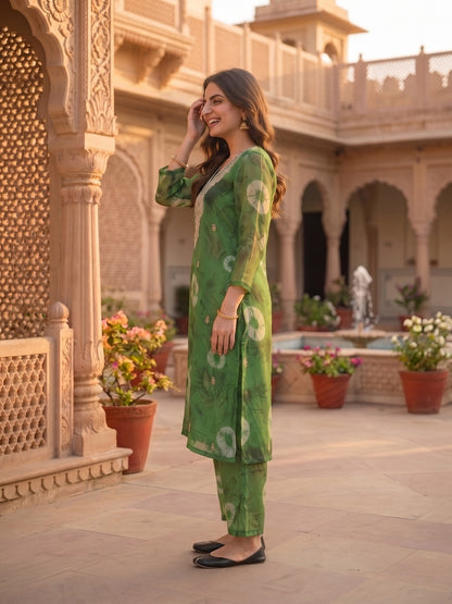 Abstract Printed Embroidered A-Line Co-ord Set - Green